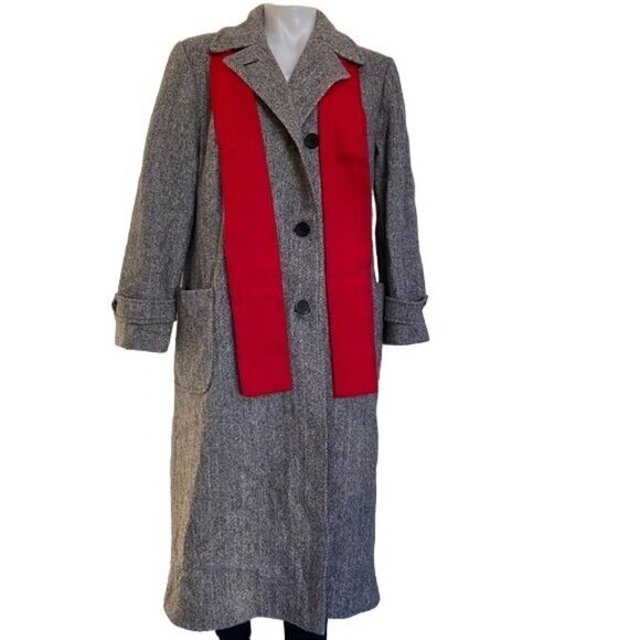 Vintage Charles Klein Wool Double Breasted Coat Grey With Red Scarf Women’s Sz L - Picture 2 of 13